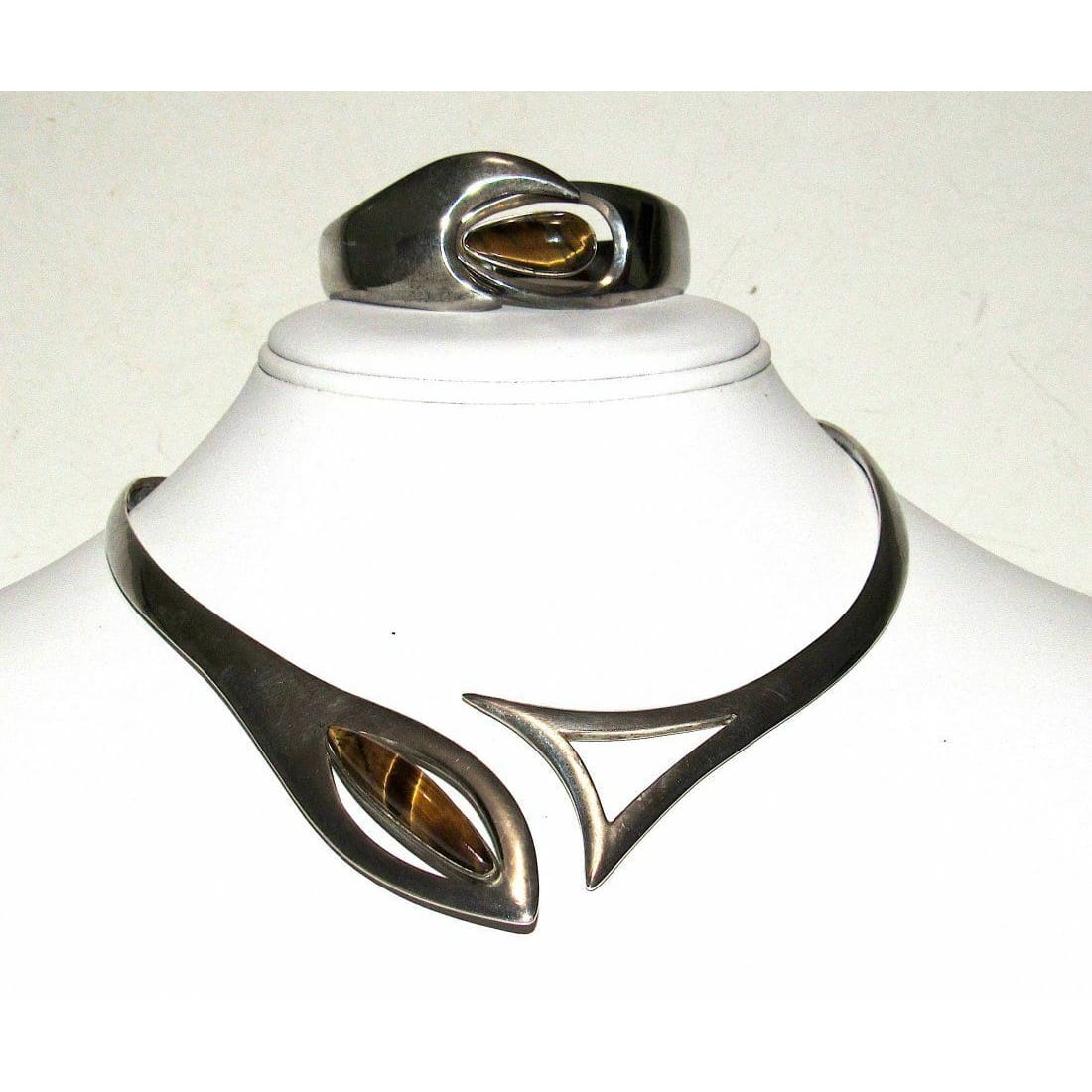 Mexican Taxco MOD Sterling Tiger Eye Collar Necklace &