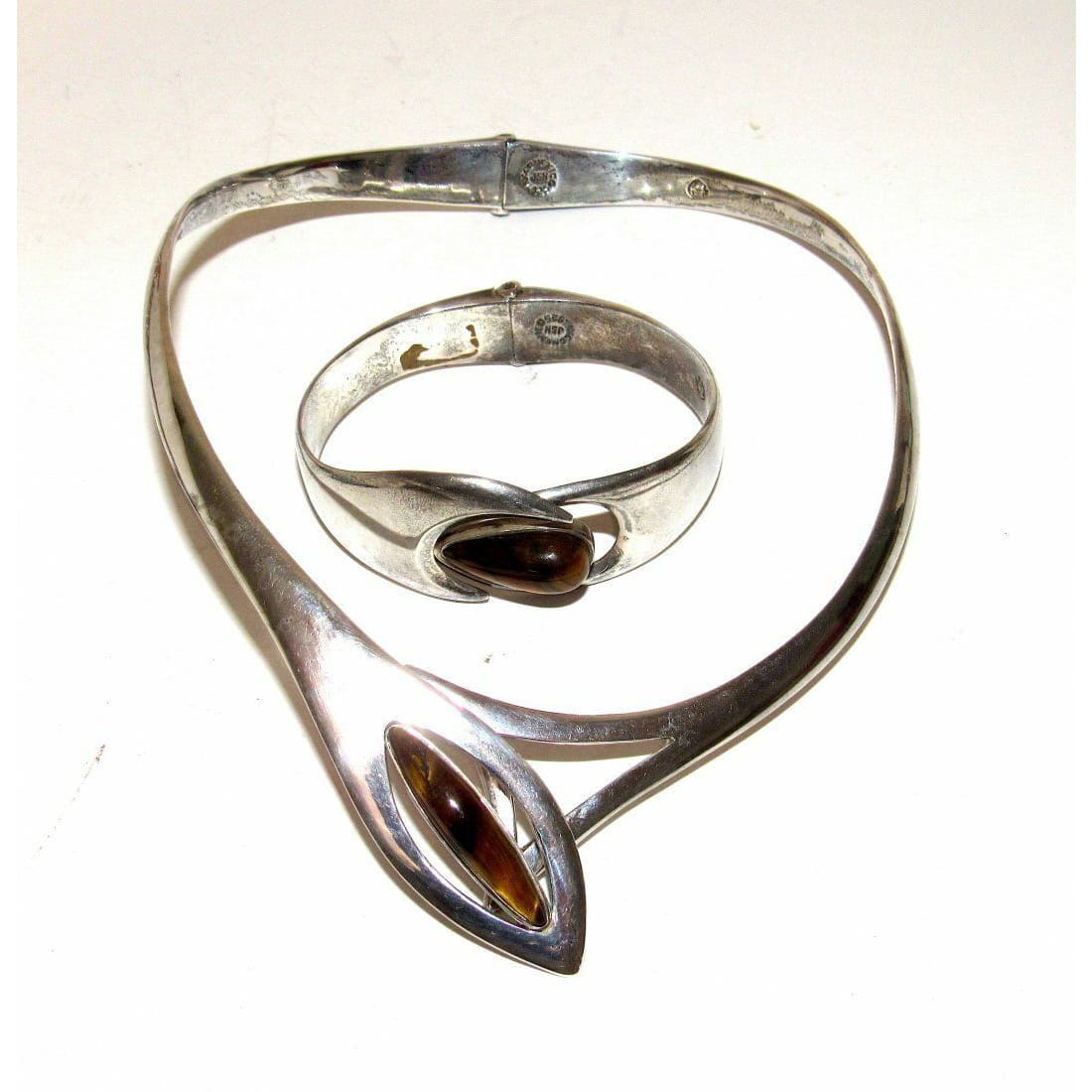 Mexican Taxco MOD Sterling Tiger Eye Collar Necklace &