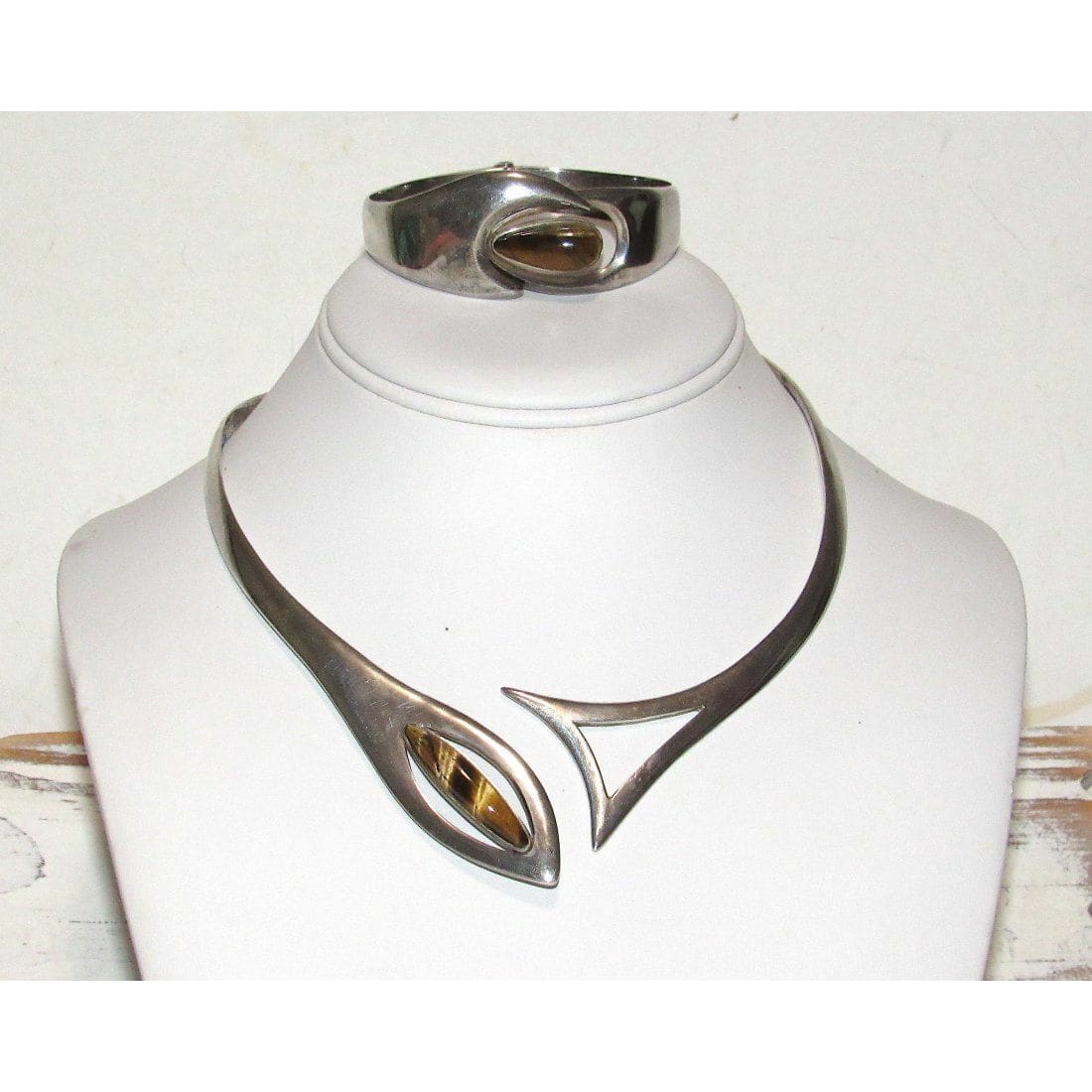 Mexican Taxco MOD Sterling Tiger Eye Collar Necklace &