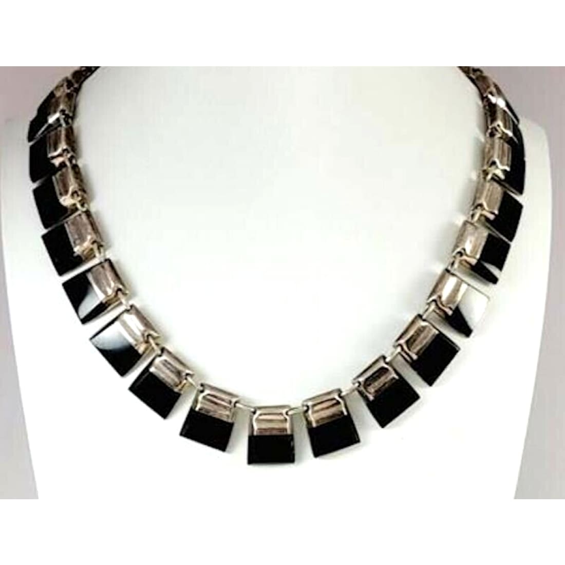 Mexican Taxco Necklace Sterling Silver Black Obsidian 16