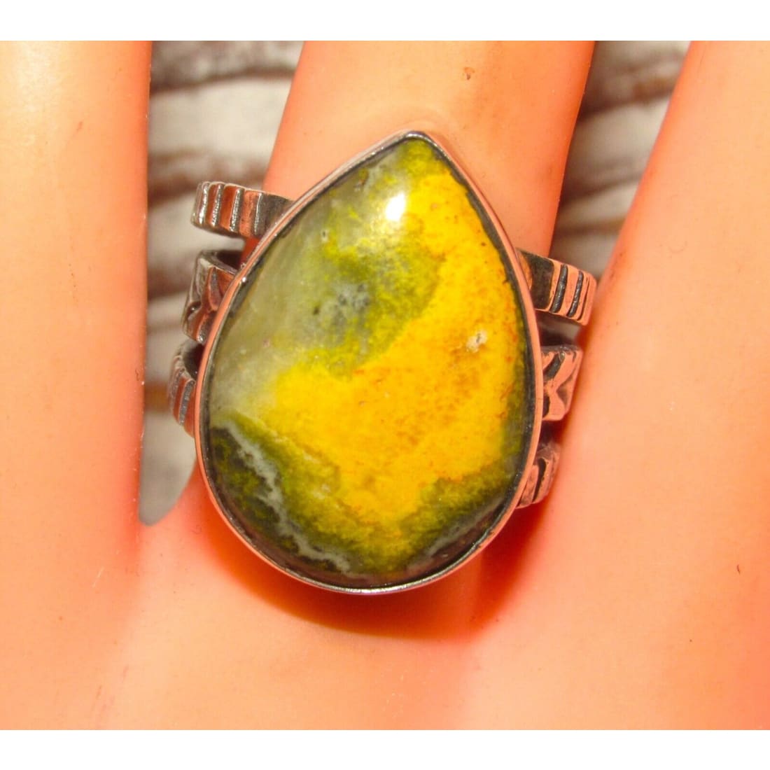 Native American Bumblebee Jasper Ring Sz 8 Signed Sterling
