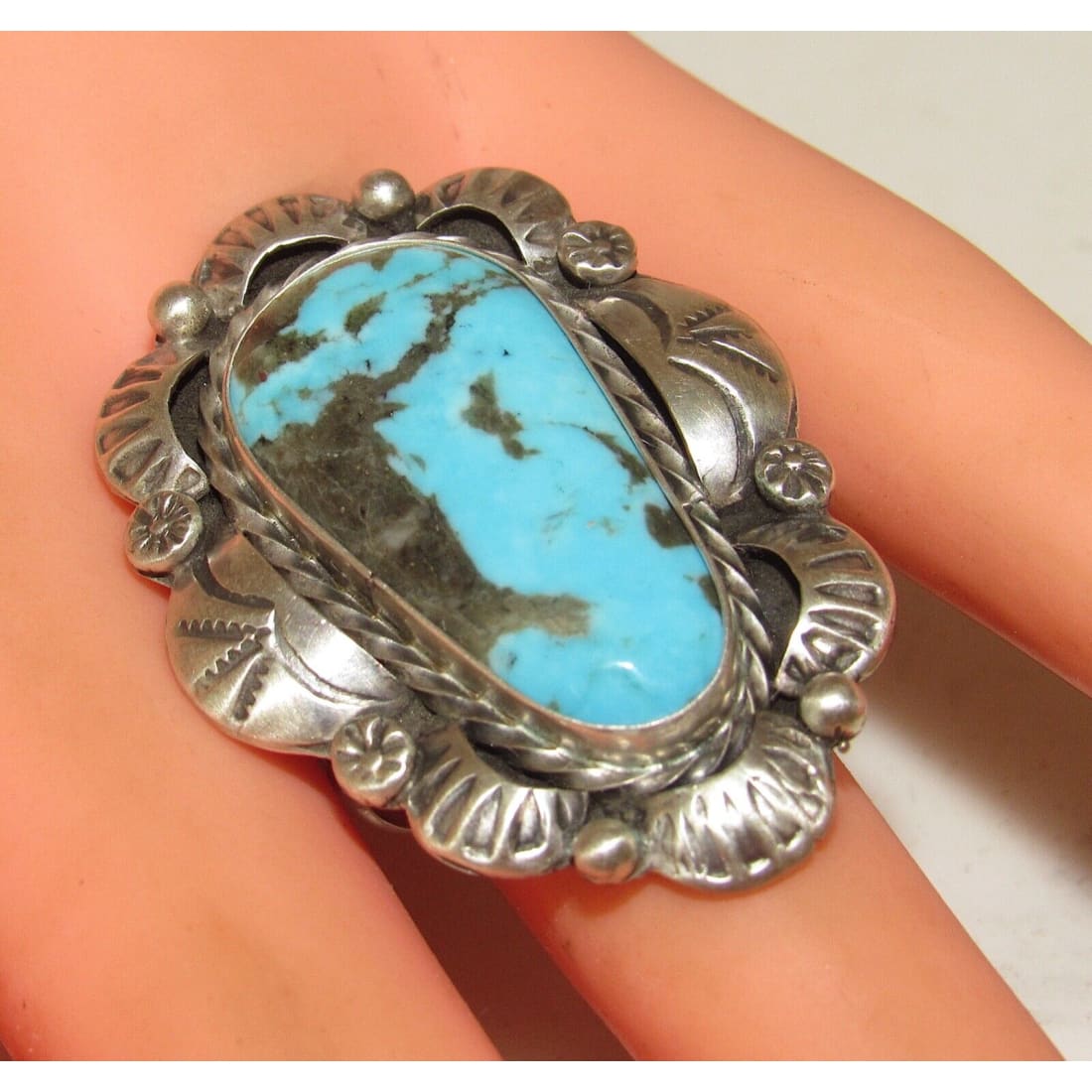 Navajo Blue Gem Turquoise Statement Ring Sz 8 Sterling