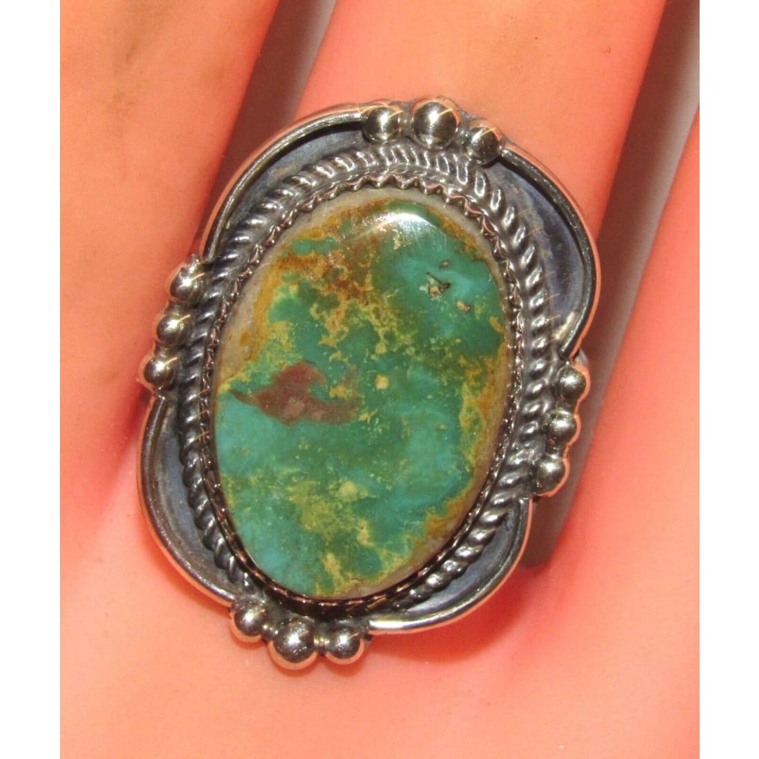 Navajo Carico Lake Turquoise Statement Ring Sz 9 Sterling