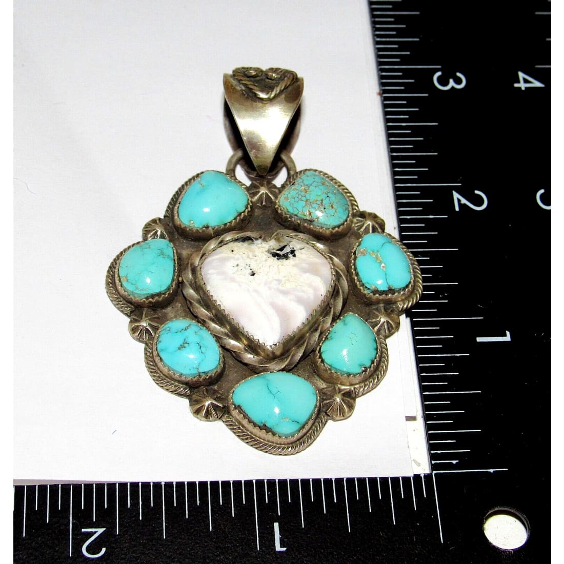 Navajo Cluster Heart Pendant White Buffalo & Turquoise