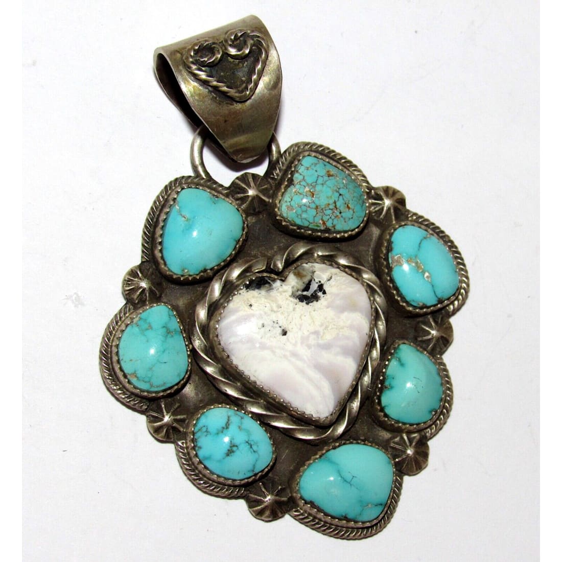 Navajo Cluster Heart Pendant White Buffalo & Turquoise