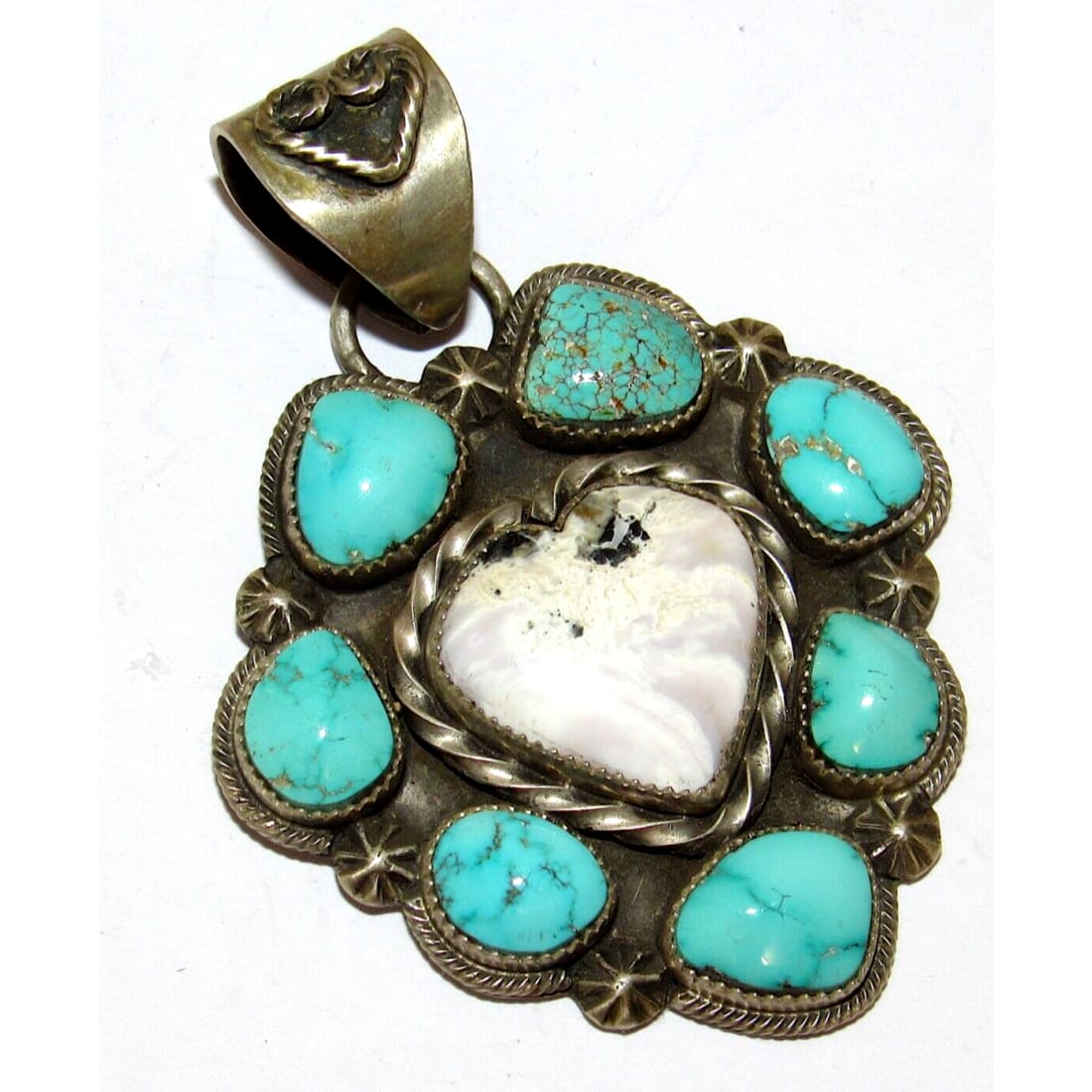 Navajo Cluster Heart Pendant White Buffalo & Turquoise