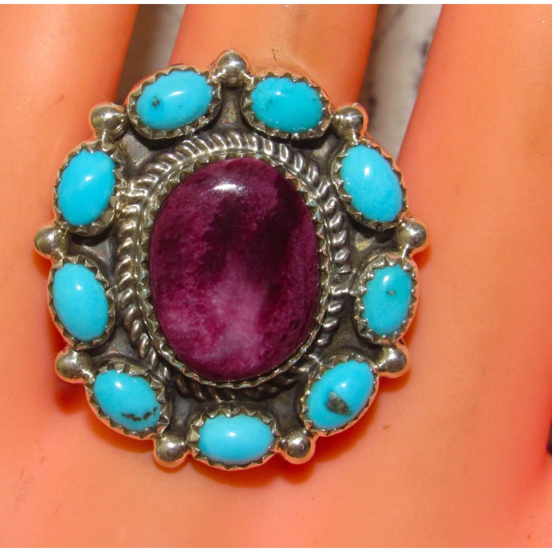 Navajo Cluster Ring Sz 9 Purple Spiny Oyster Kingman Turquoise Sterling Silver Native American