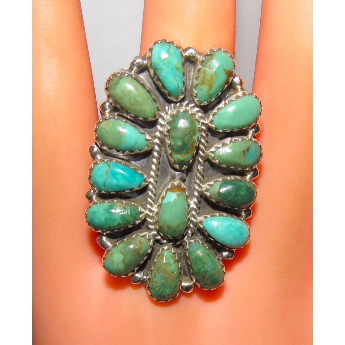 Navajo Green Turquoise Cluster Ring Sz 9.5 Sterling Silver