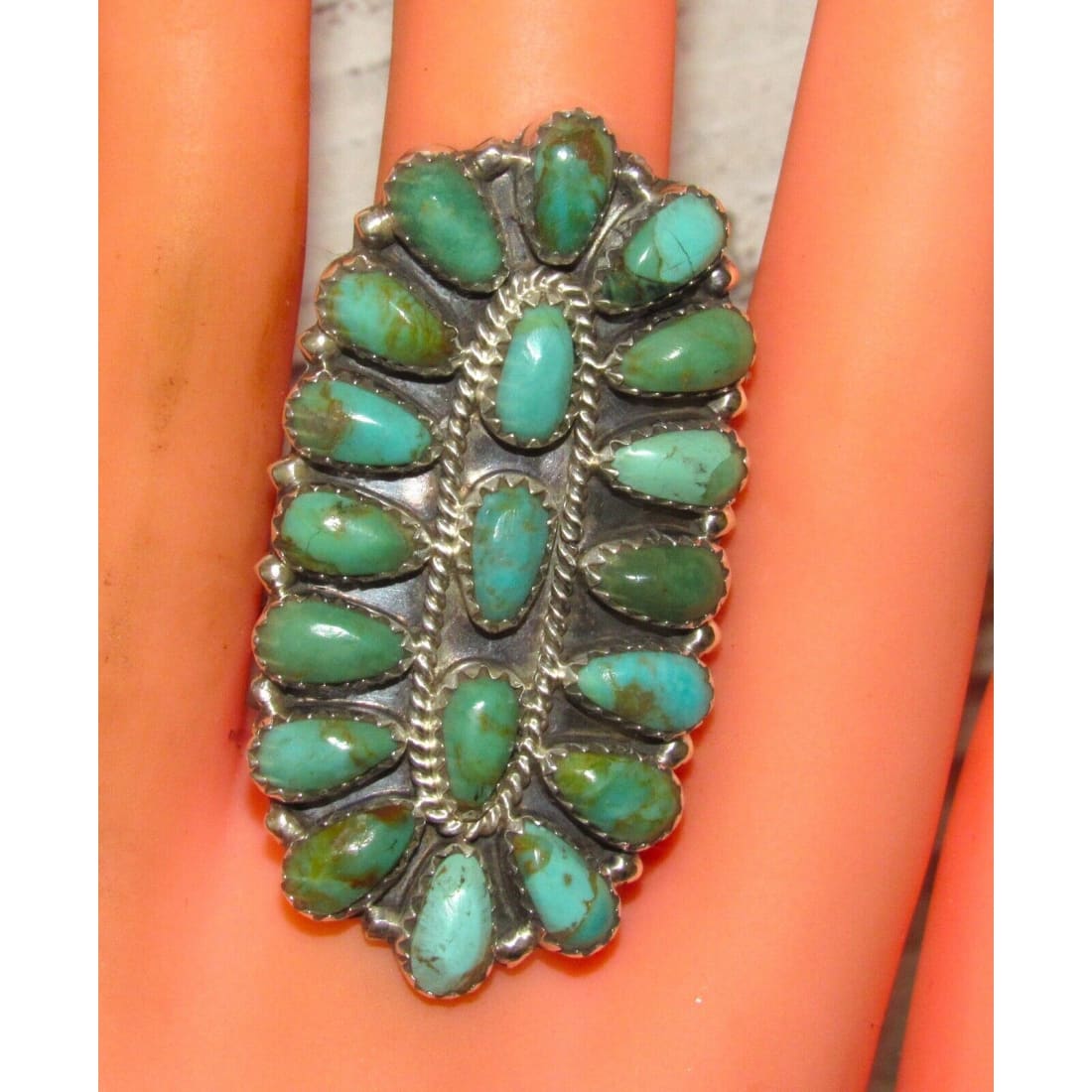 Navajo Green Turquoise Statement Cluster Ring Sz 9 Sterling