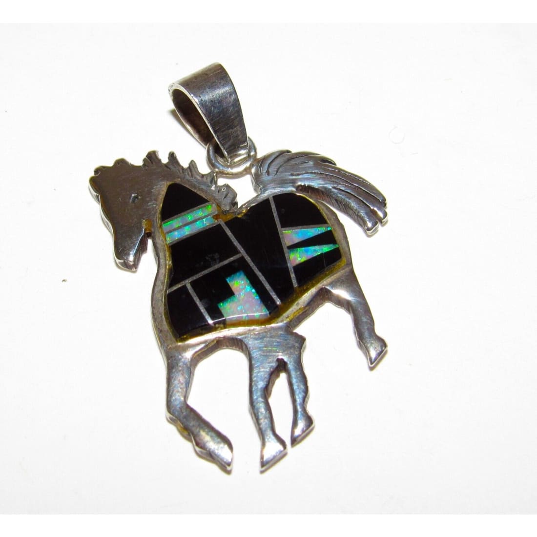 Navajo Horse Pendant Opal Jet Inlay Sterling Silver Native
