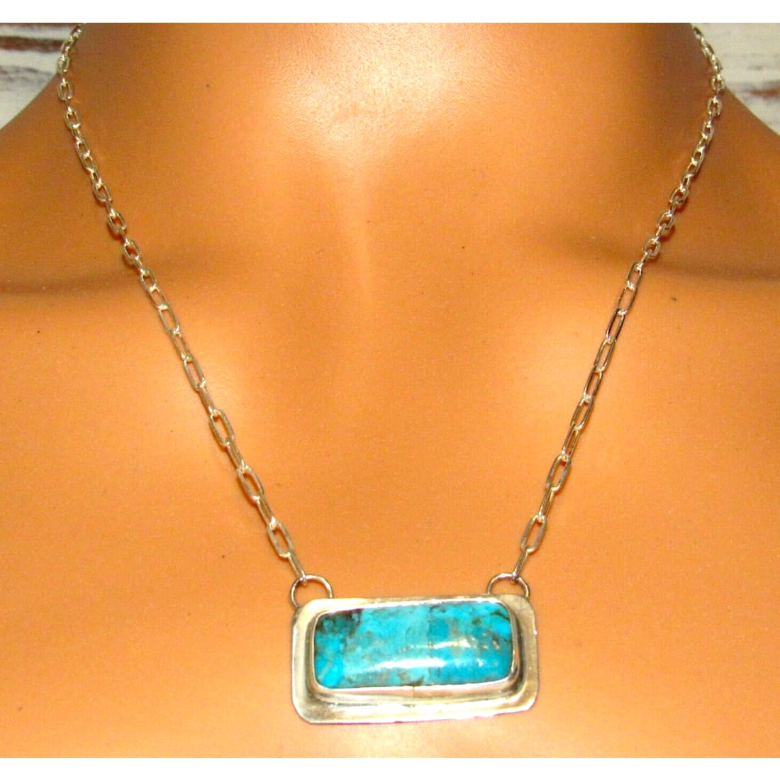 Navajo Kingman Turquoise Bar Necklace Sterling Silver Native