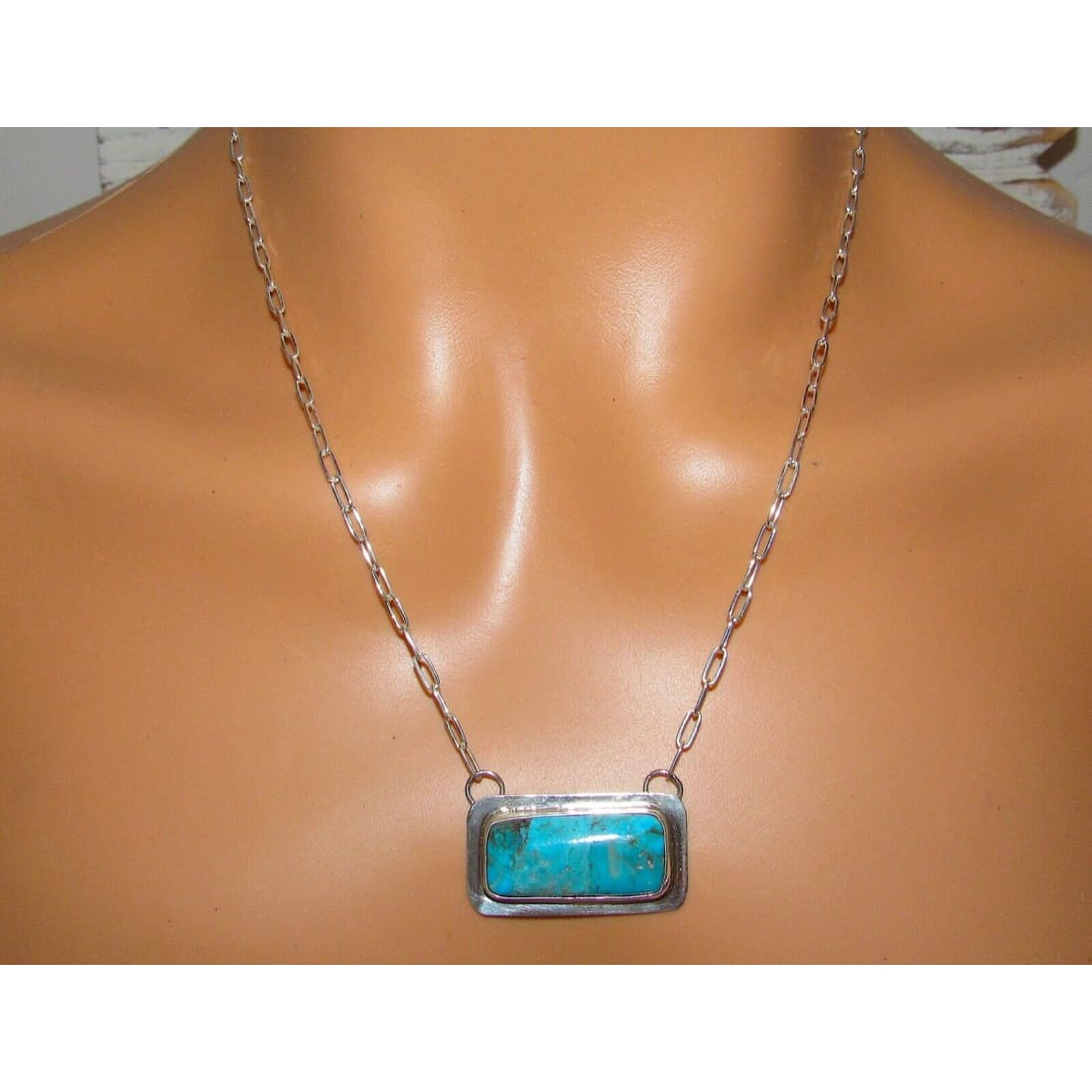 Navajo Kingman Turquoise Bar Necklace Sterling Silver Native