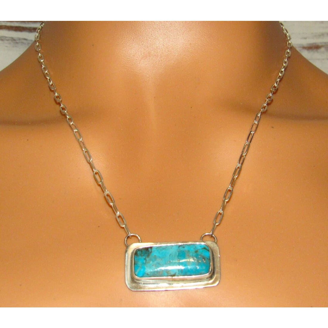 Navajo Kingman Turquoise Bar Necklace Sterling Silver Native