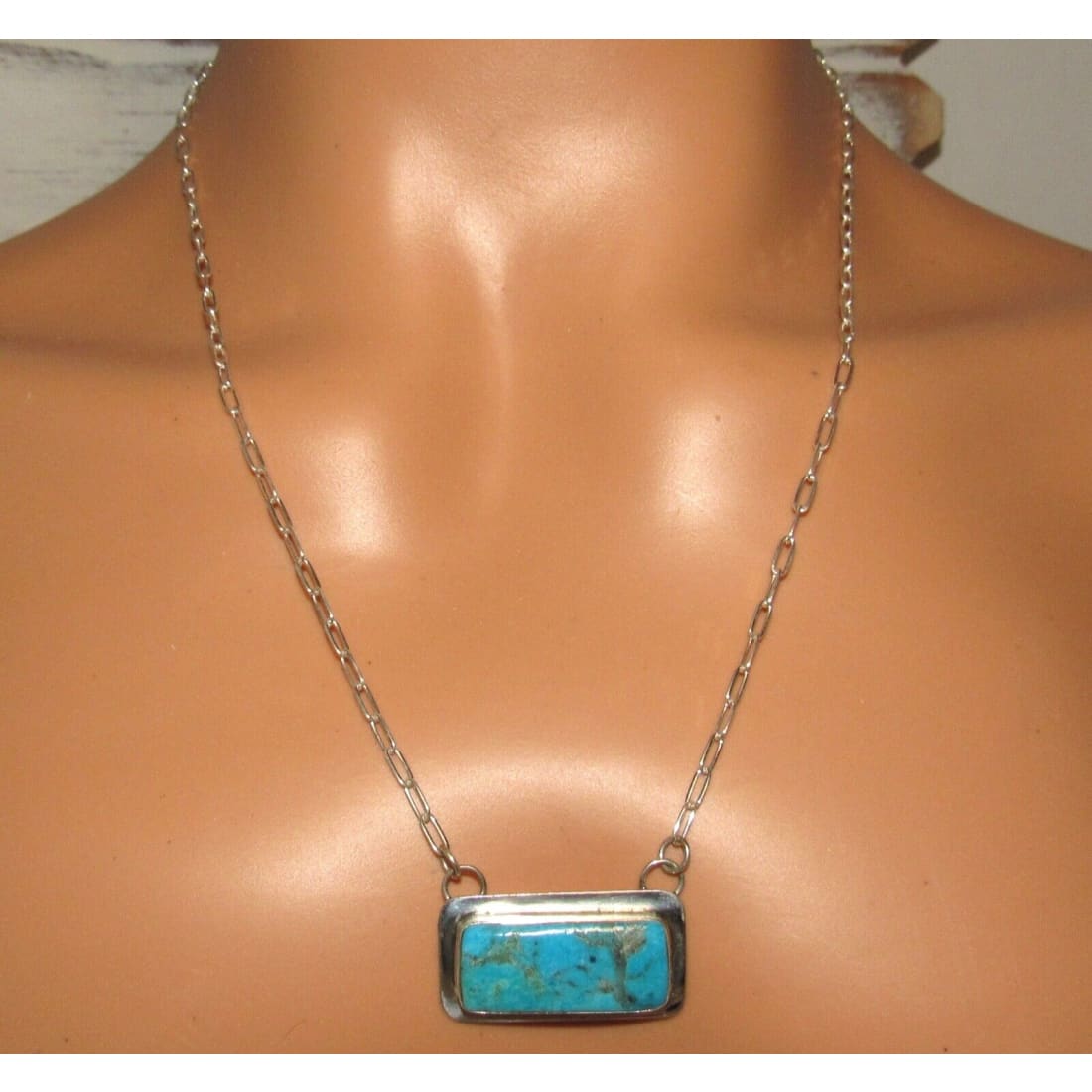 Navajo Kingman Turquoise Bar Necklace Sterling Silver Native