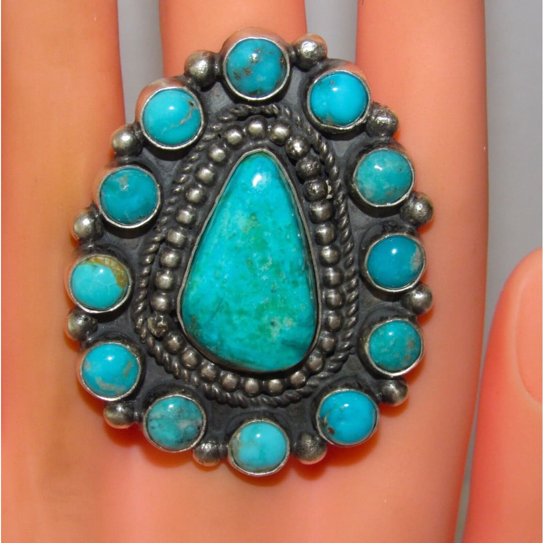 Navajo Kingman Turquoise Cluster Ring Sterling Silver Sz 8