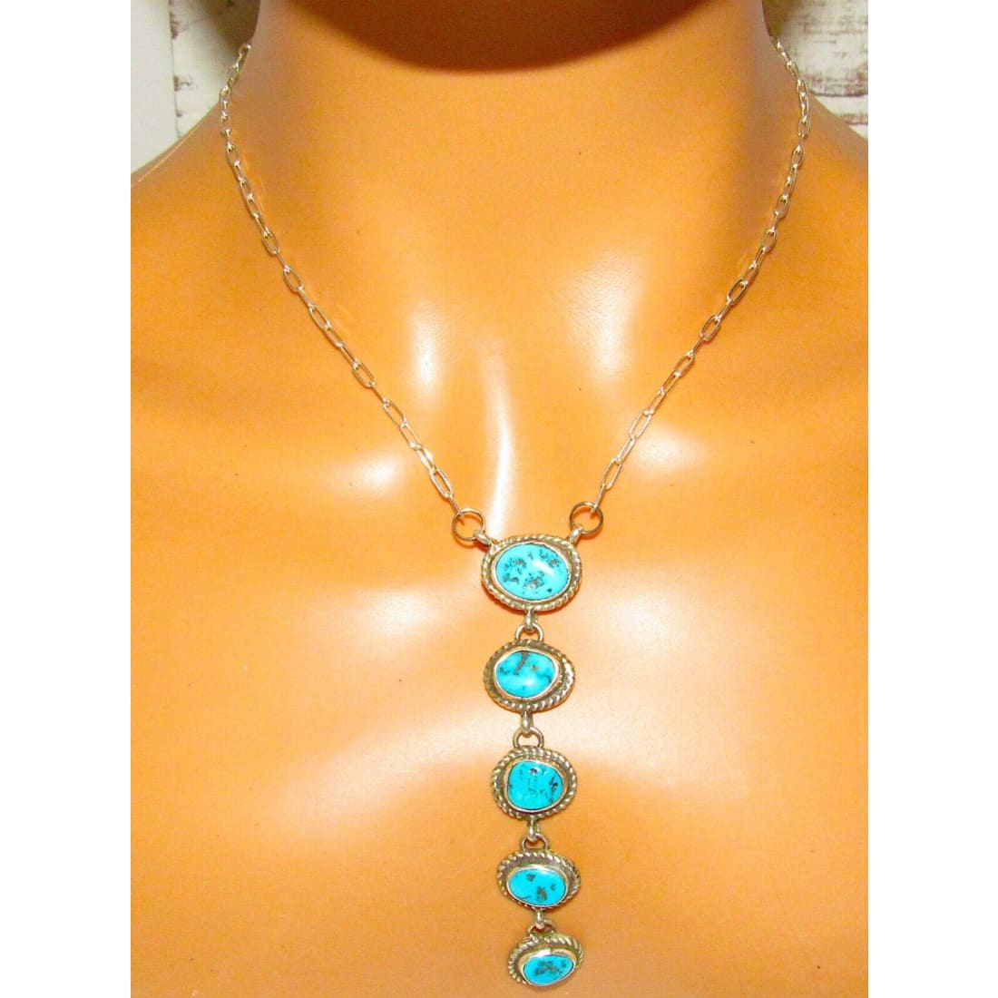Navajo Kingman Turquoise Small Lariat Necklace Sterling