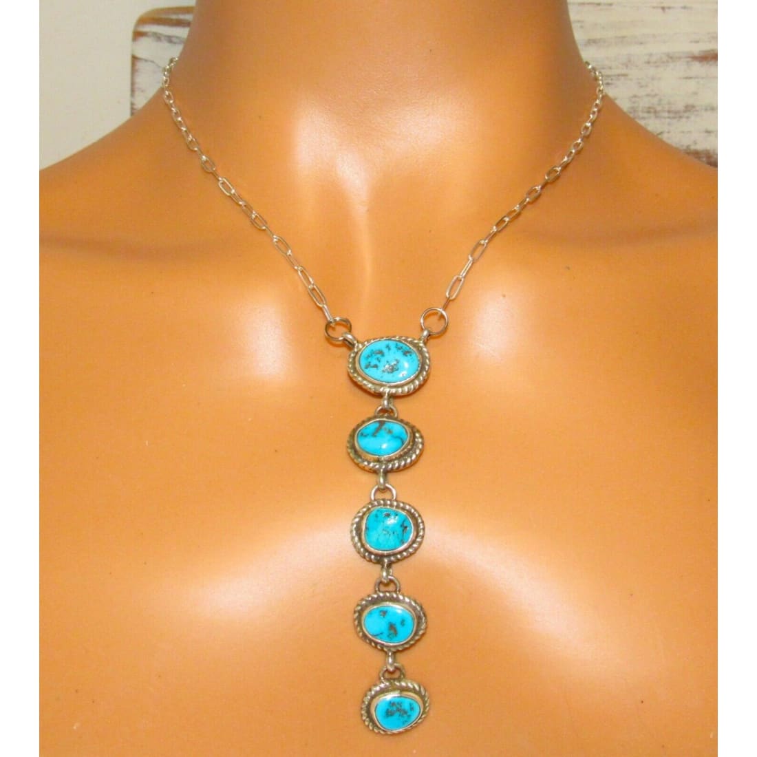 Navajo Kingman Turquoise Small Lariat Necklace Sterling