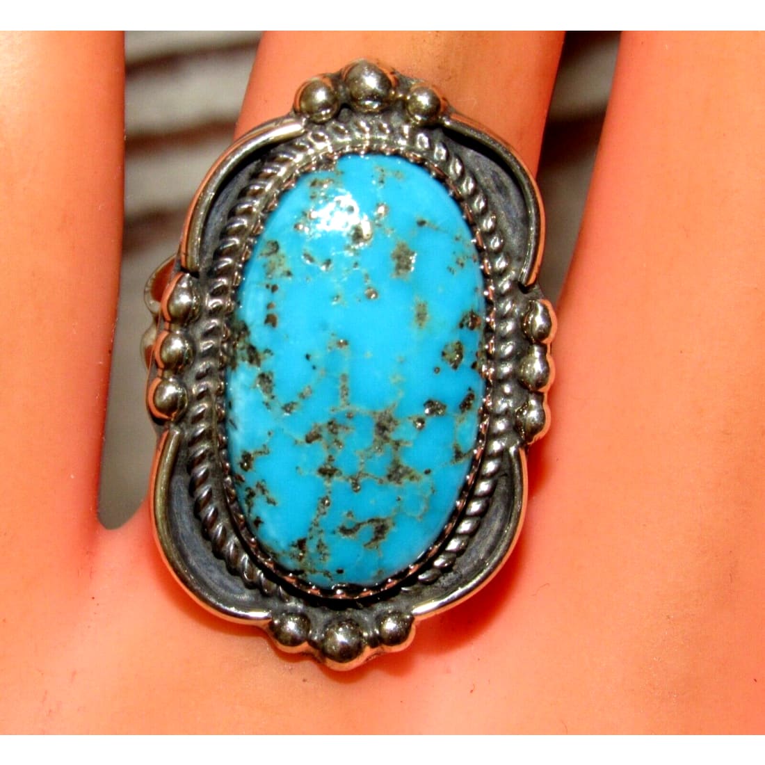 Navajo Kingman Turquoise Statement Ring Sz 7.5 Sterling