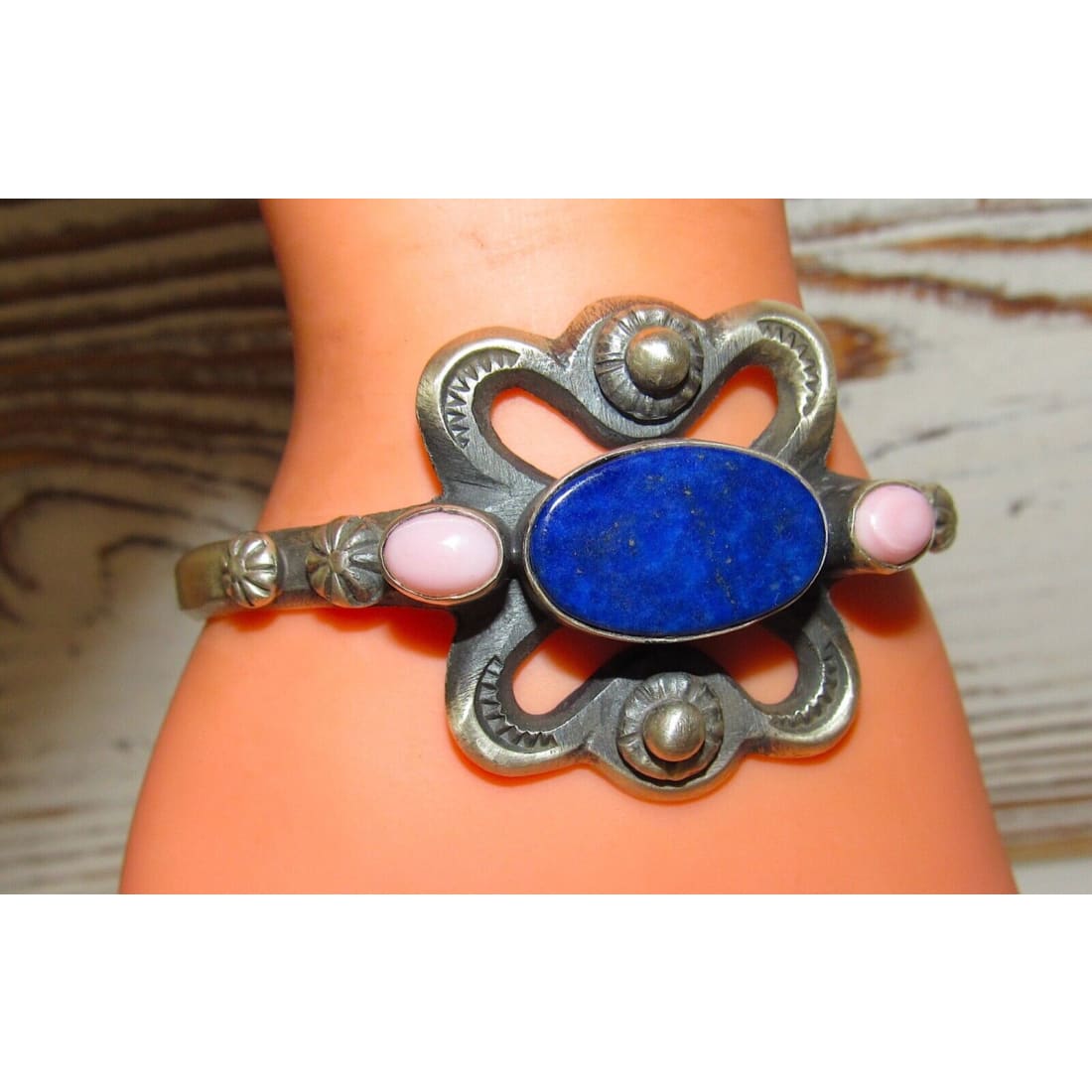 Navajo Lapis Pink Shell Cuff Bracelet Sterling Silver