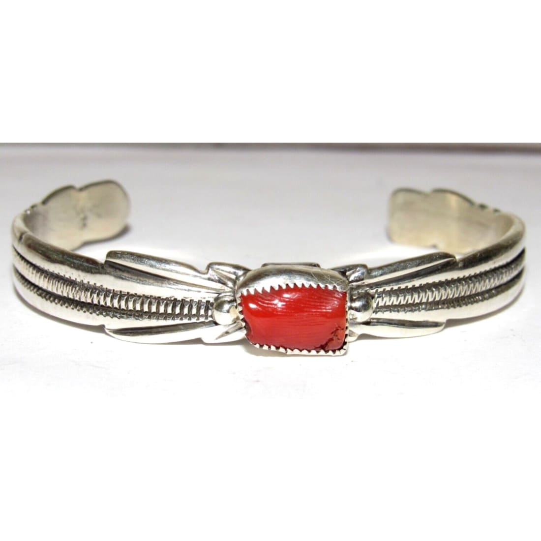 Navajo Mediteranean Coral Stacker Cuff Bracelet Sterling C & W Begay