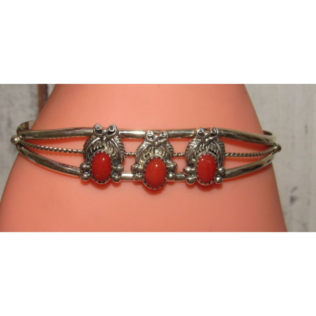 Navajo Mediterranean Coral Cuff Bracelet Sterling Silver