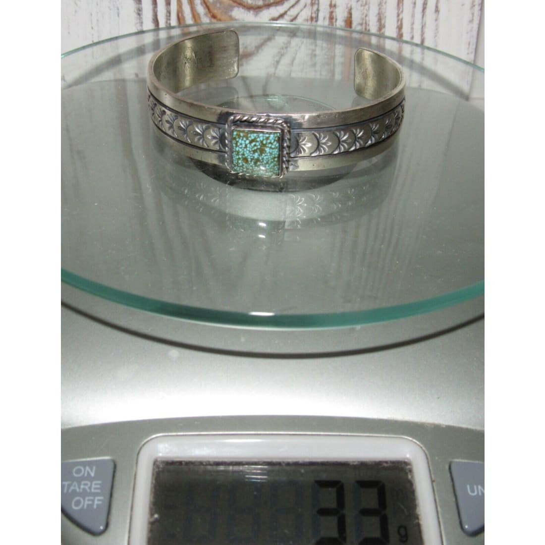 Navajo Number 8 Turquoise Stacker Cuff Sterling Hand Etched Bracelet Signed Native American