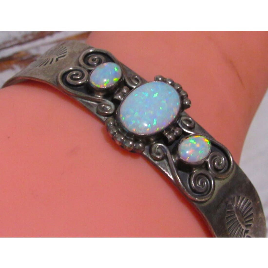 Navajo Opal Stacker Cuff Bracelet Sterling Native American