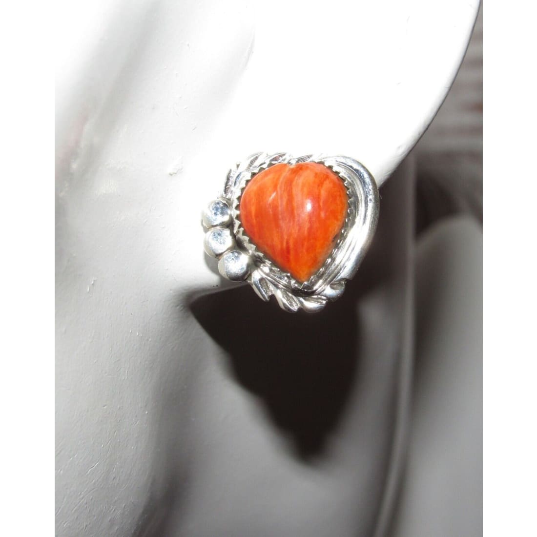 Navajo Orange Spiny Heart Stud Earrings Sterling Silver