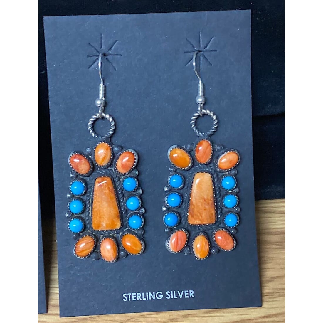 Navajo Orange Spiny Turquoise Cluster Sterling Silver Dangle