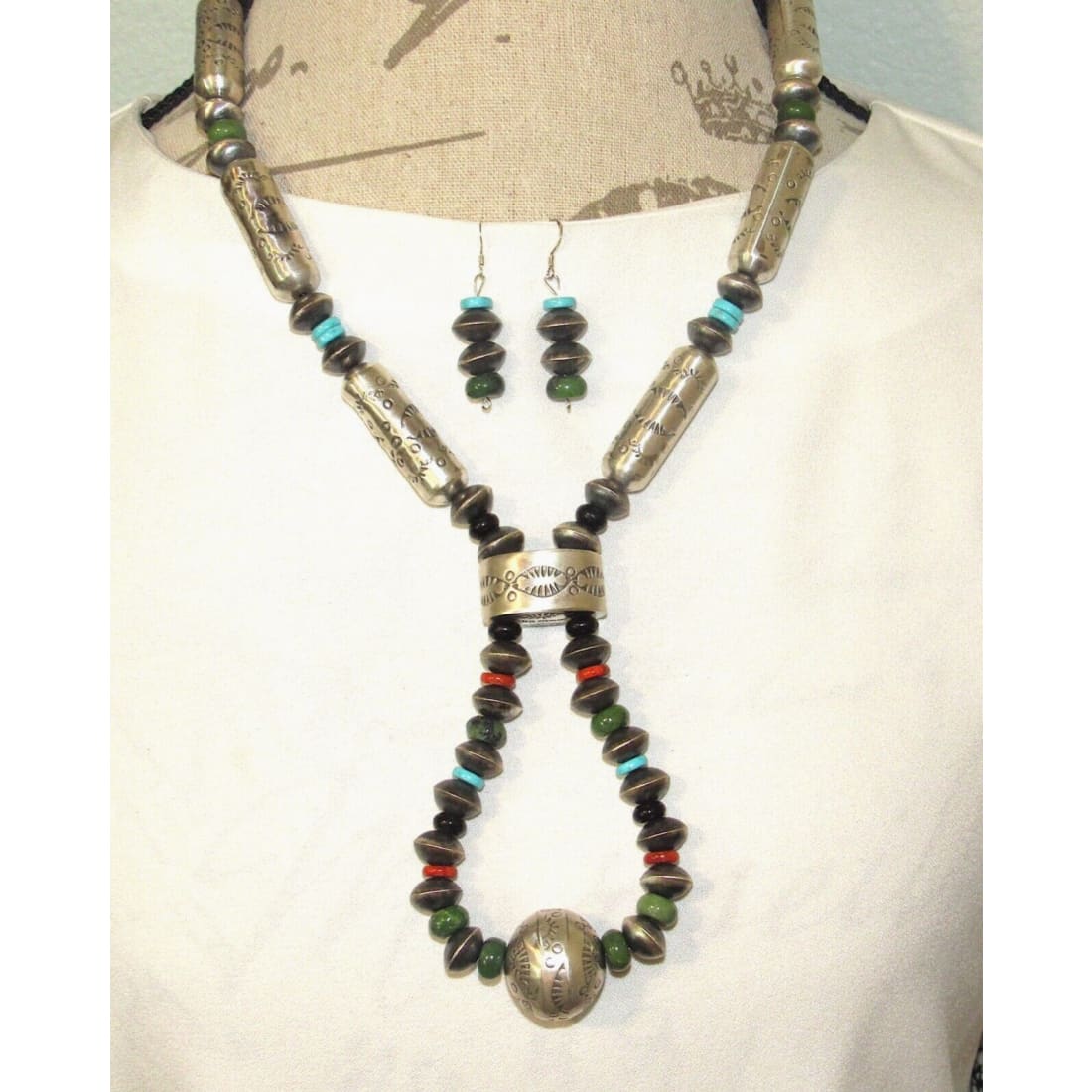 Navajo Pearls Necklace & Earrings Set Sterling Silver Barrel