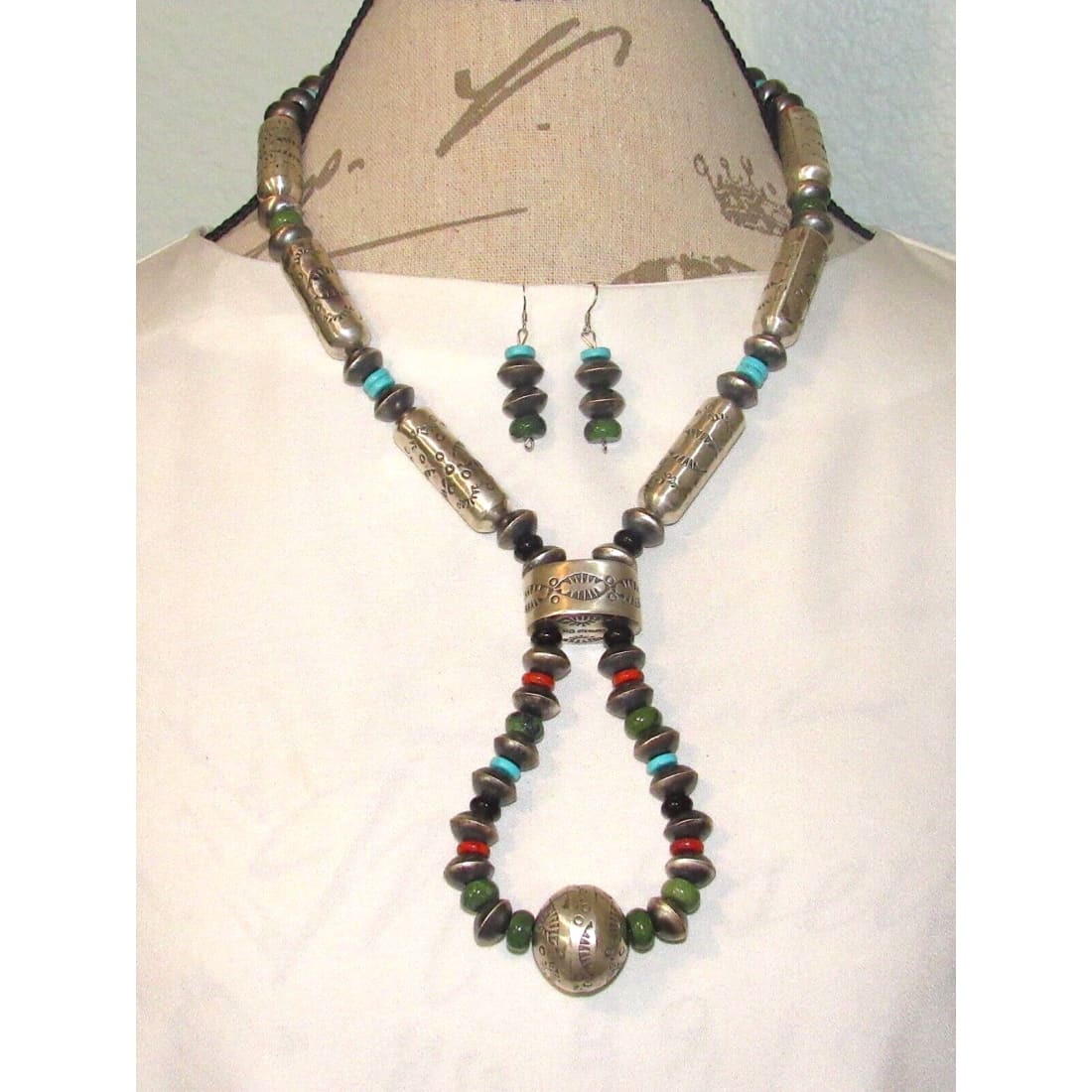 Navajo Pearls Necklace & Earrings Set Sterling Silver Barrel