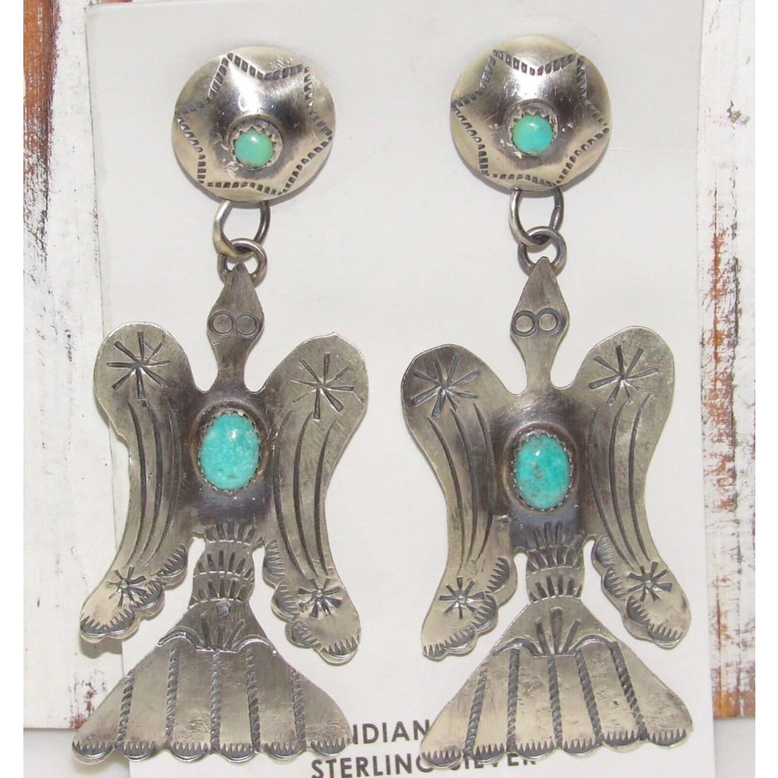Navajo Peyote Bird Dangle Concho Earrings Royston Turquoise