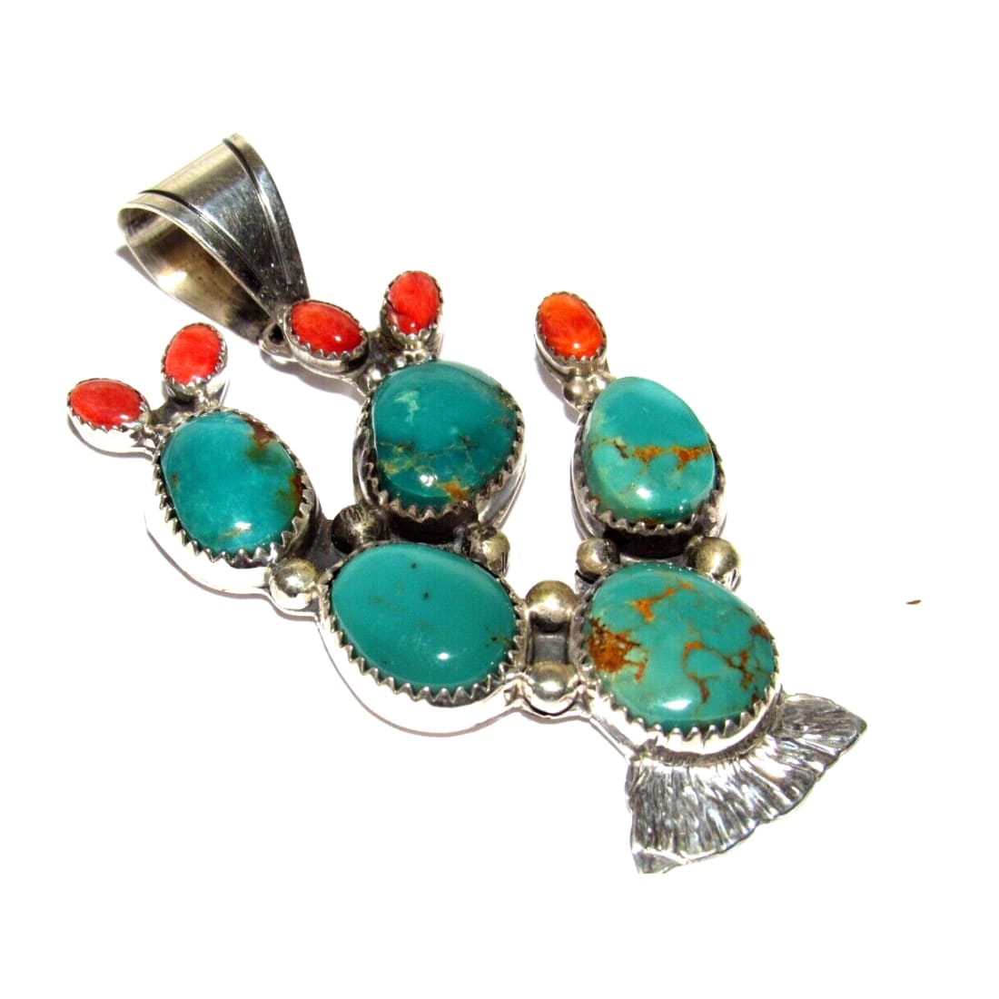 Navajo Prickly Pear Cactus Pendant Sterling Silver Turquoise