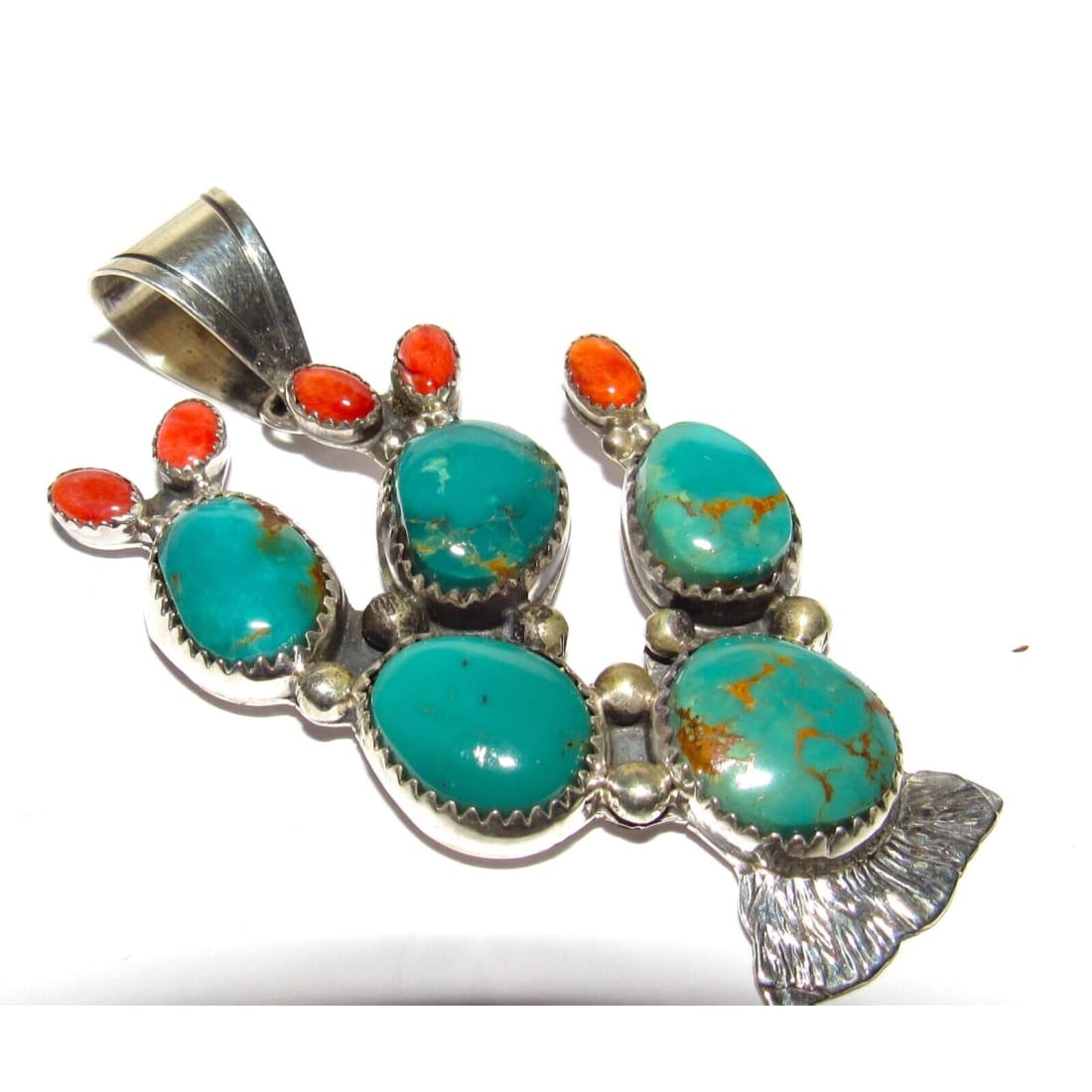Navajo Prickly Pear Cactus Pendant Sterling Silver Turquoise