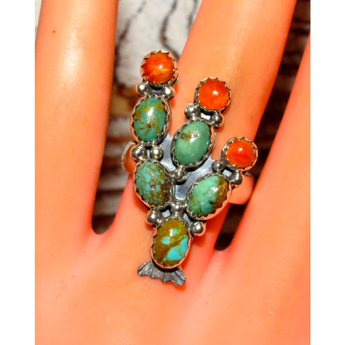 Navajo Prickly Pear Cactus Ring Sz 7.5 Sterling Silver