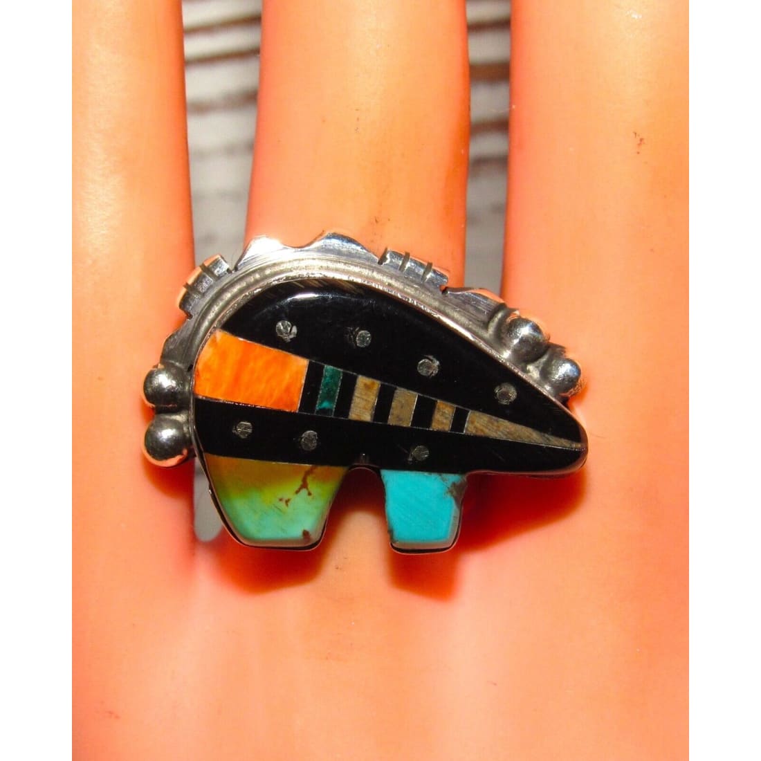 Navajo Ray Jack Turquoise Coral Jet Inlay Bear Ring Size 8