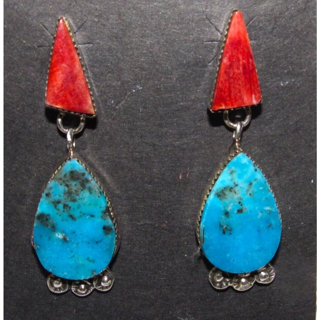 Navajo Red Spiny & Kingman Turquoise Dangle Earrings