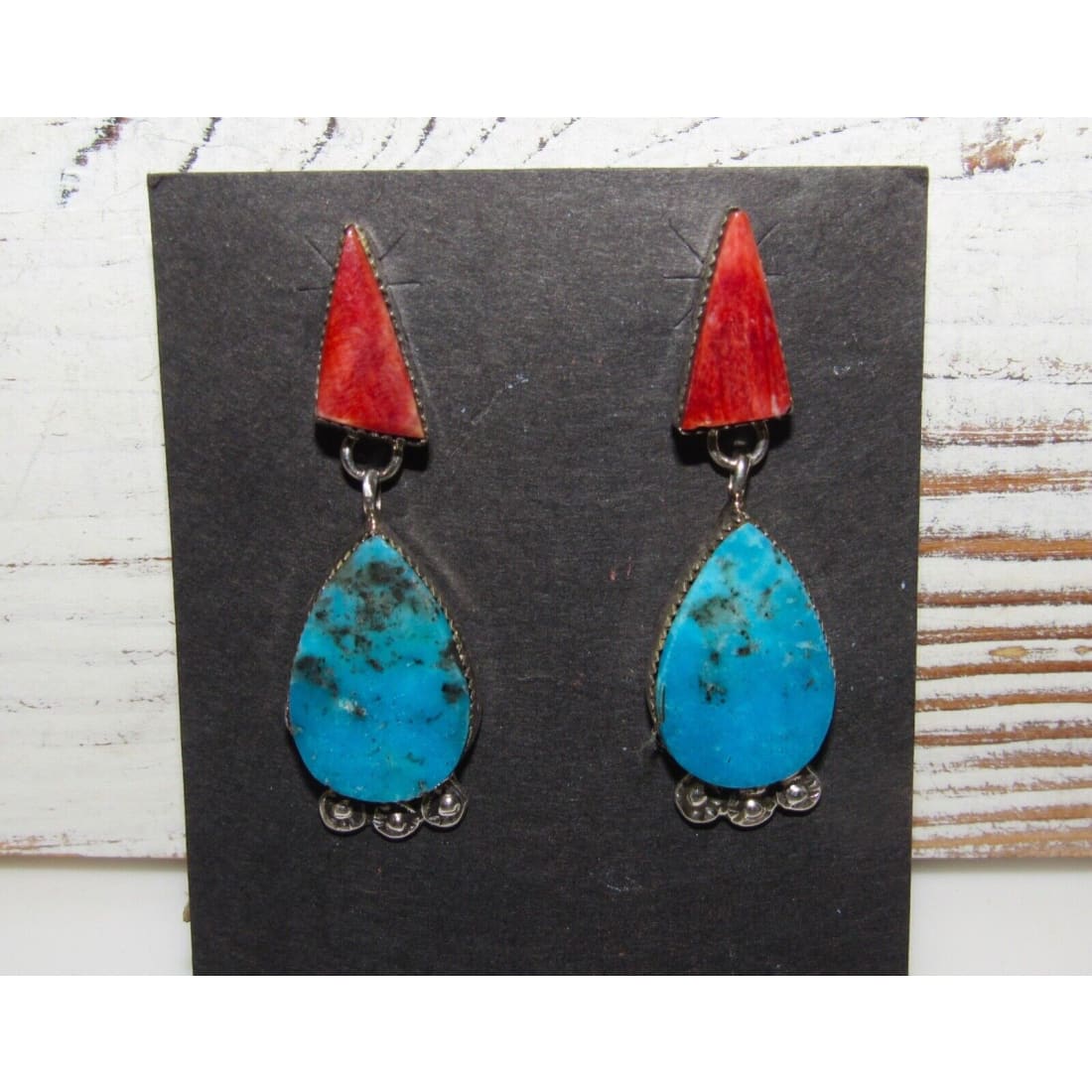 Navajo Red Spiny & Kingman Turquoise Dangle Earrings