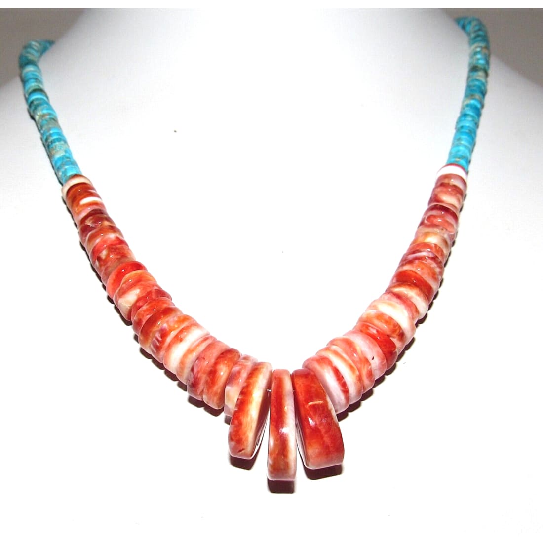 Navajo Red Spiny Oyster Kingman Turquoise Heishi Necklace