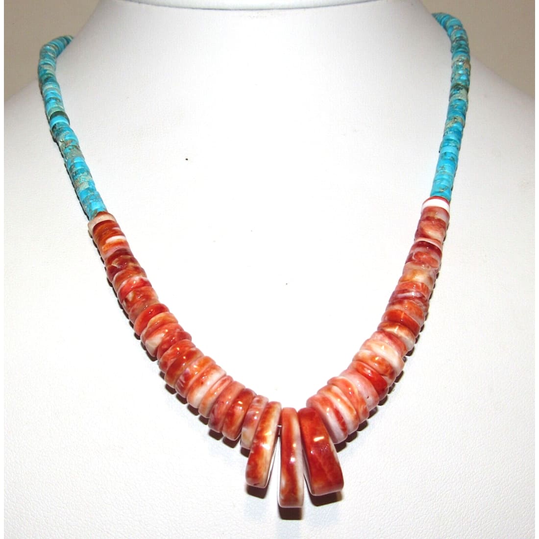 Navajo Red Spiny Oyster Kingman Turquoise Heishi Necklace