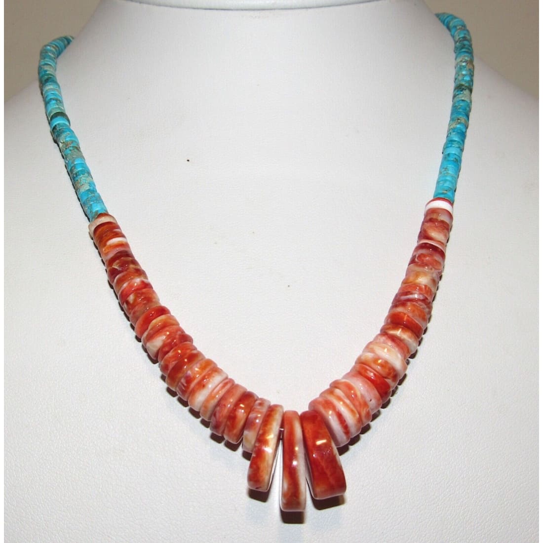 Navajo Red Spiny Oyster Kingman Turquoise Heishi Necklace