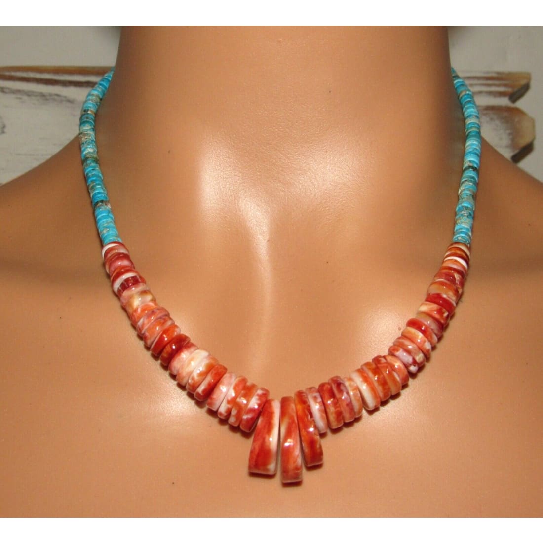 Navajo Red Spiny Oyster Kingman Turquoise Heishi Necklace