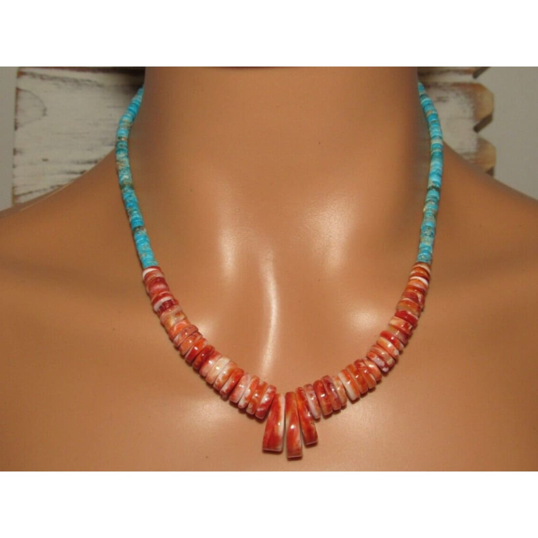 Navajo Red Spiny Oyster Kingman Turquoise Heishi Necklace