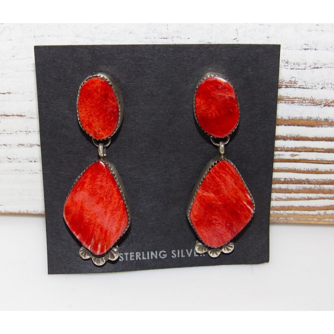 Navajo Red Spiny Oyster Sterling Silver Dangle Statement Earrings Signed Native Native American