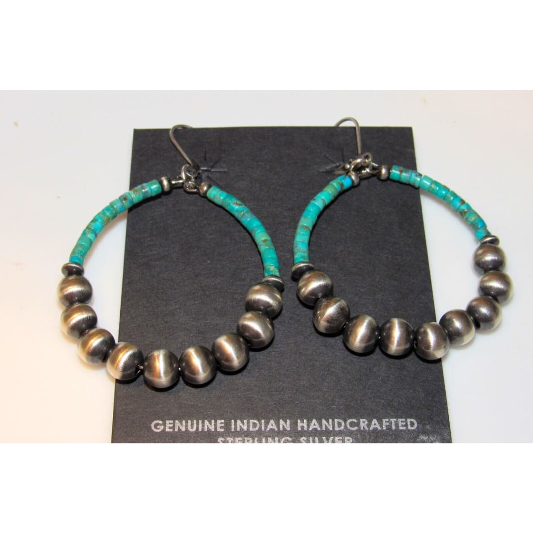 Navajo Rolled Kingman Turquoise & Sterling Navajo Pearls Beads Hoop Earrings Navajo