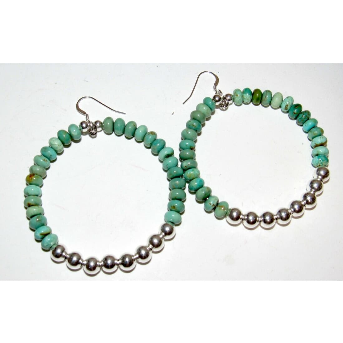 Navajo Rolled Turquoise & Sterling Navajo Pearls Beads Hoop Earrings Native American