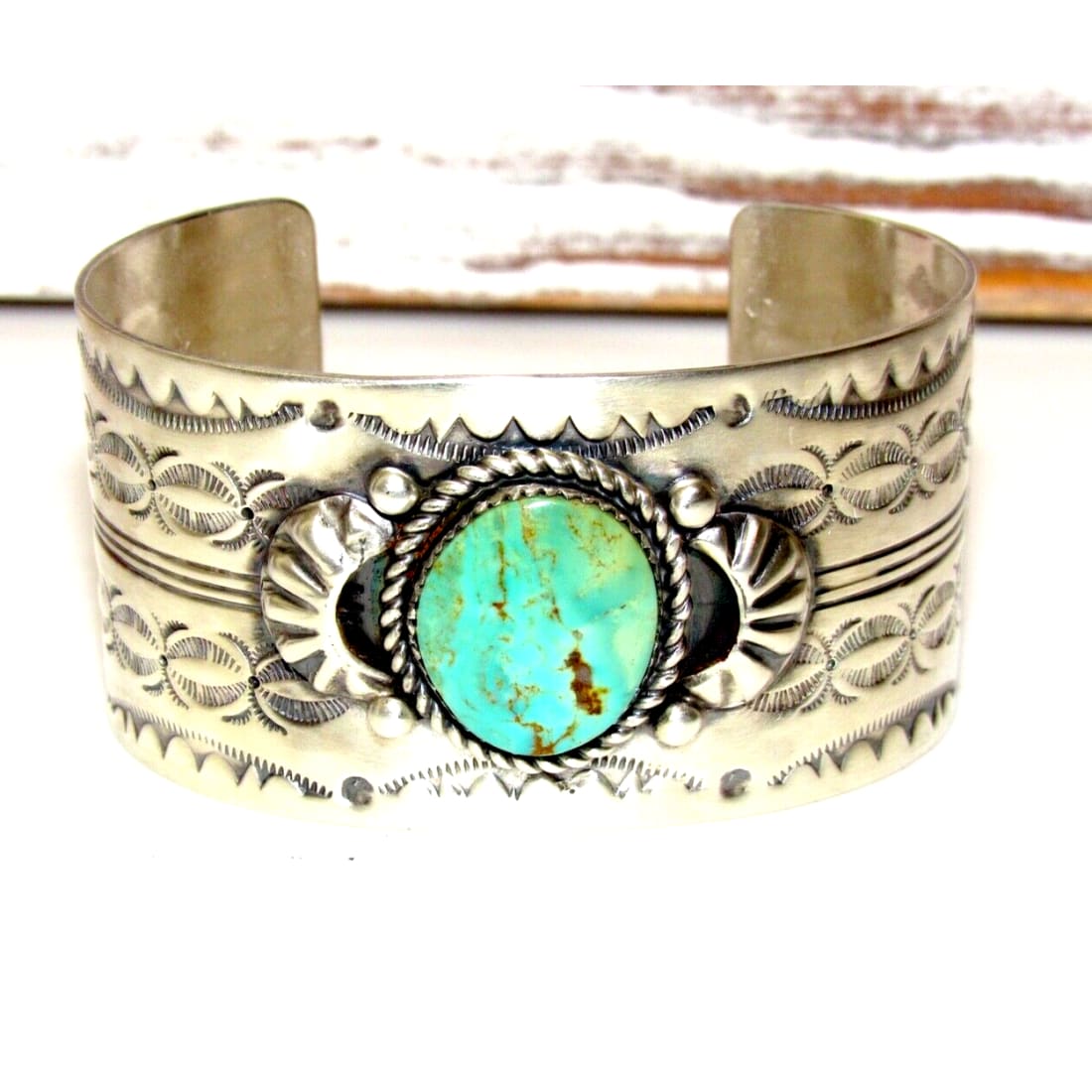 Navajo Royston Turquoise Cuff Bracelet Sterling Hand Stamped Repousse F Francis Native American