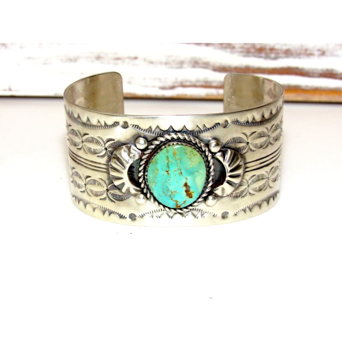 Navajo Royston Turquoise Cuff Bracelet Sterling Hand Stamped Repousse F Francis Native American