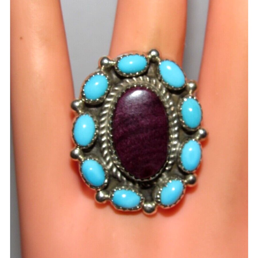 Navajo Royston Turquoise Purple Spiny Cluster Ring Sz 9