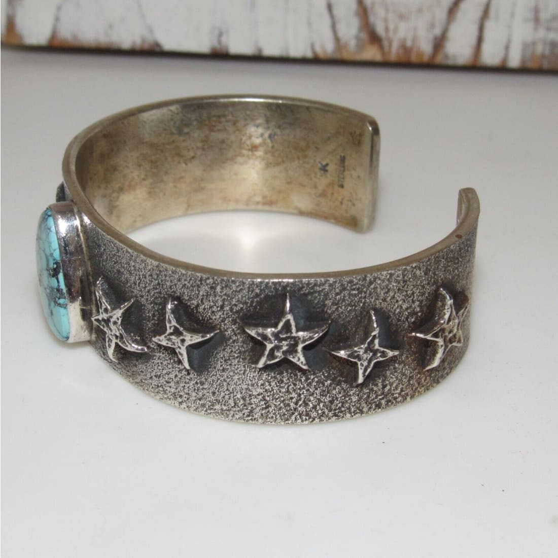 Navajo Spiderweb Kingman Turquoise Tufa Cast Sterling Stars